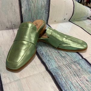 FREE People Leather SLIDES Sparkly Green